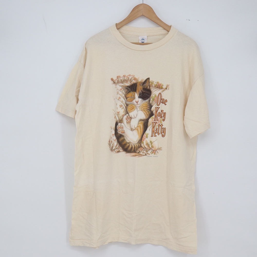 Katz T-Shirt Womens OS One Kozy Kitty Graphic Cream Short Sleeve Excellent